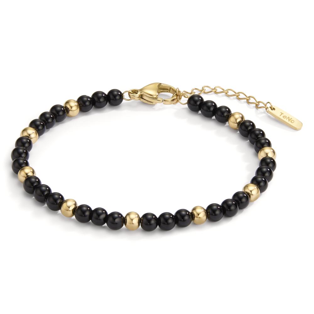 Bracelet Acier inoxydable Agate noir jaune PVD 17.5-19.5 cm Ø4 mm