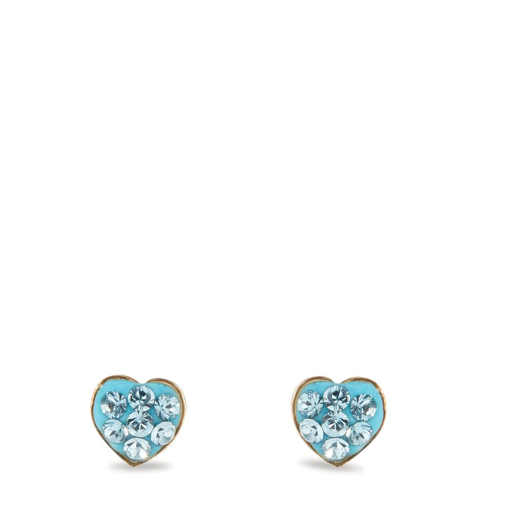 Clous d'oreilles Or jaune 14K Cristal bleu, 14 Pierres Coeur Ø4.5 mm