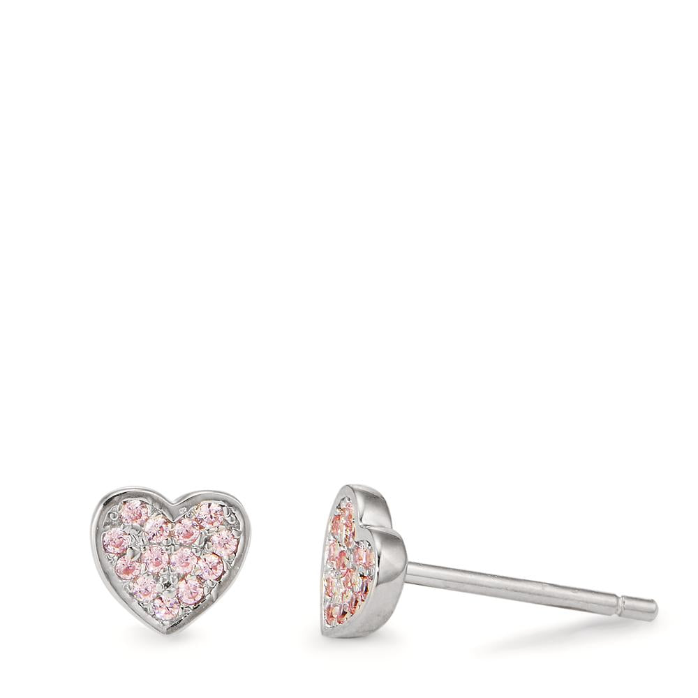 Clous d'oreilles Argent Zircone rose, 26 Pierres Rhodié Coeur Ø5.5 mm