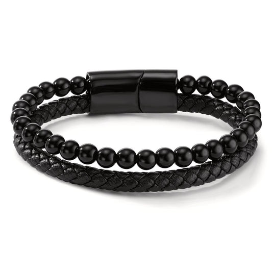 Bracelet Acier inoxydable, Cuir [synth. Stein] noir PVD 20.5 cm