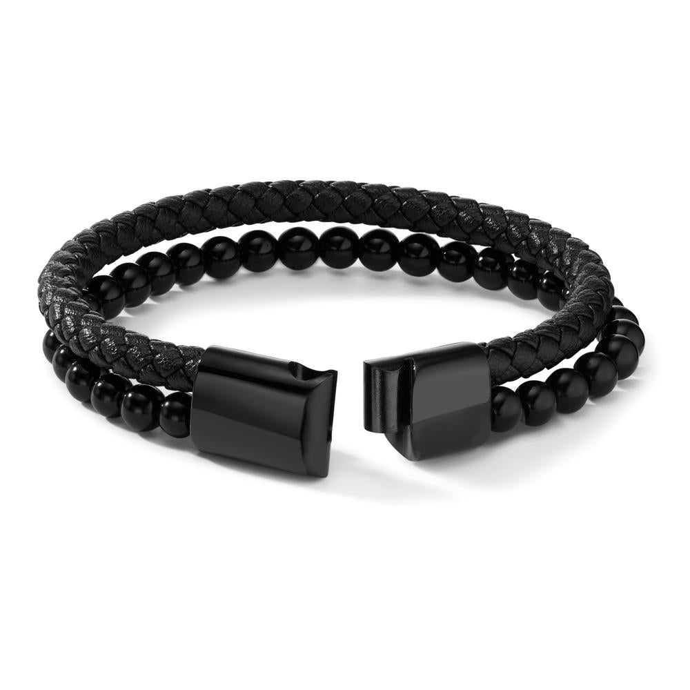 Armband Edelstahl, Leder synth. Stein schwarz IP beschichtet