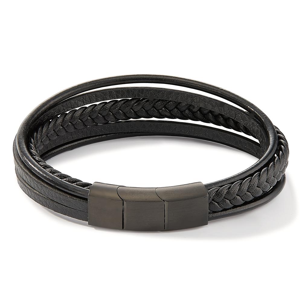 Bracelet Cuir artificiel, Acier inoxydable noir PVD 21-22 cm