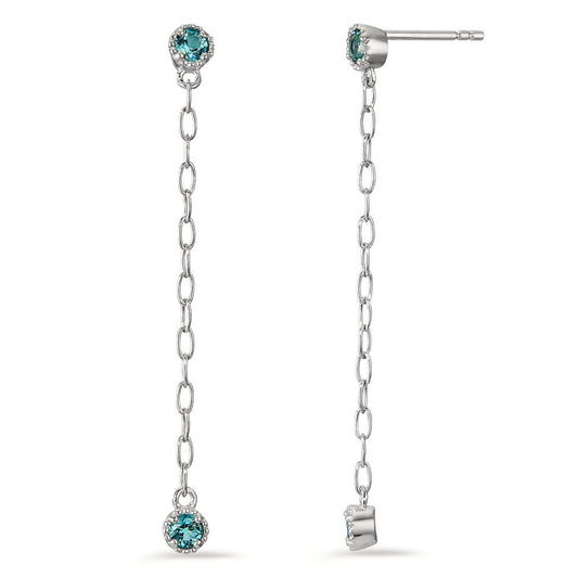 Pendant d'oreilles Argent Zircone aqua, 4 Pierres Rhodié