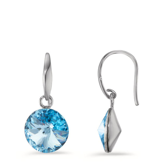 Pendant d'oreilles Argent Zircone aqua, 2 Pierres Rhodié Ø10 mm