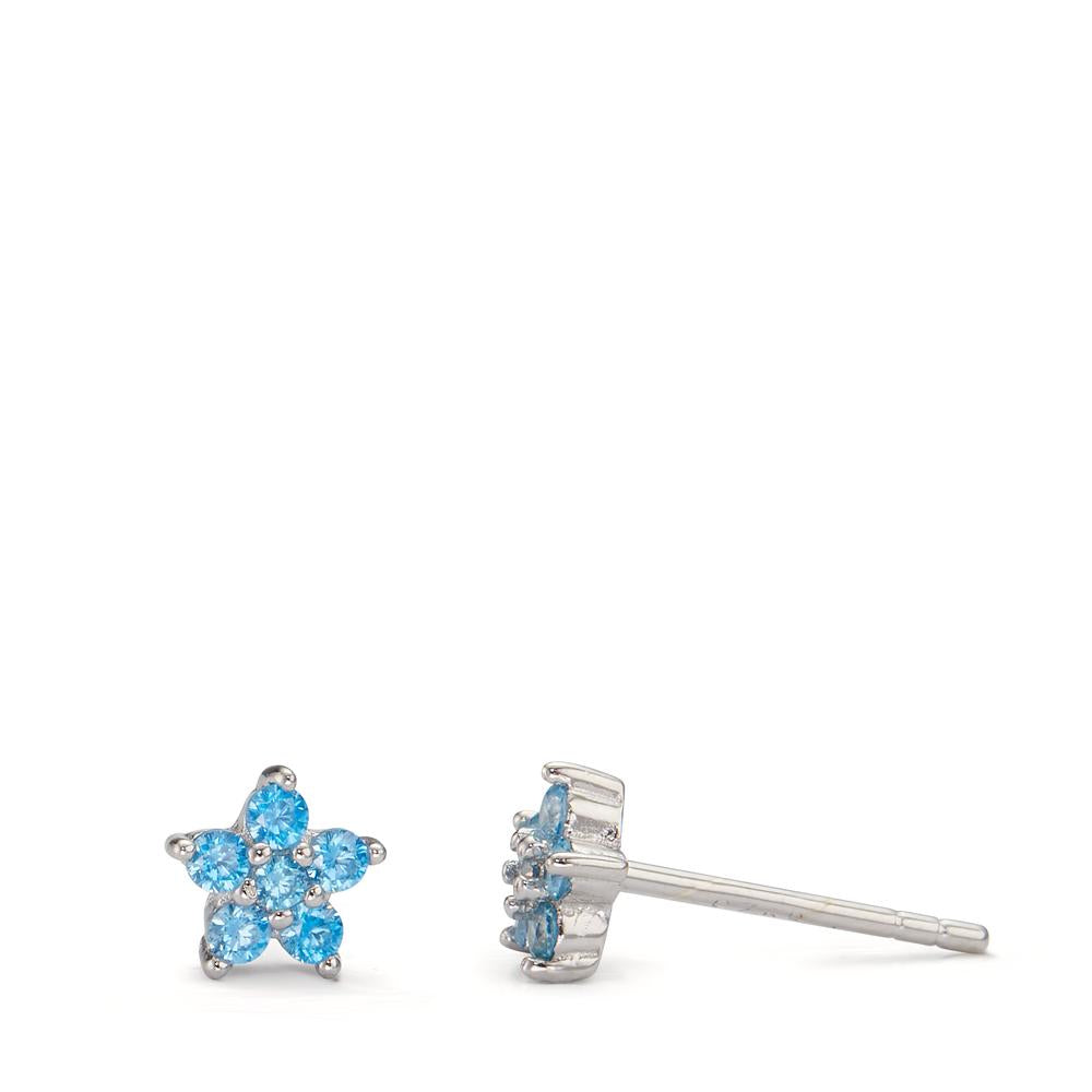 Clous d'oreilles Argent Zircone aqua, 12 Pierres Rhodié Fleur Ø6 mm