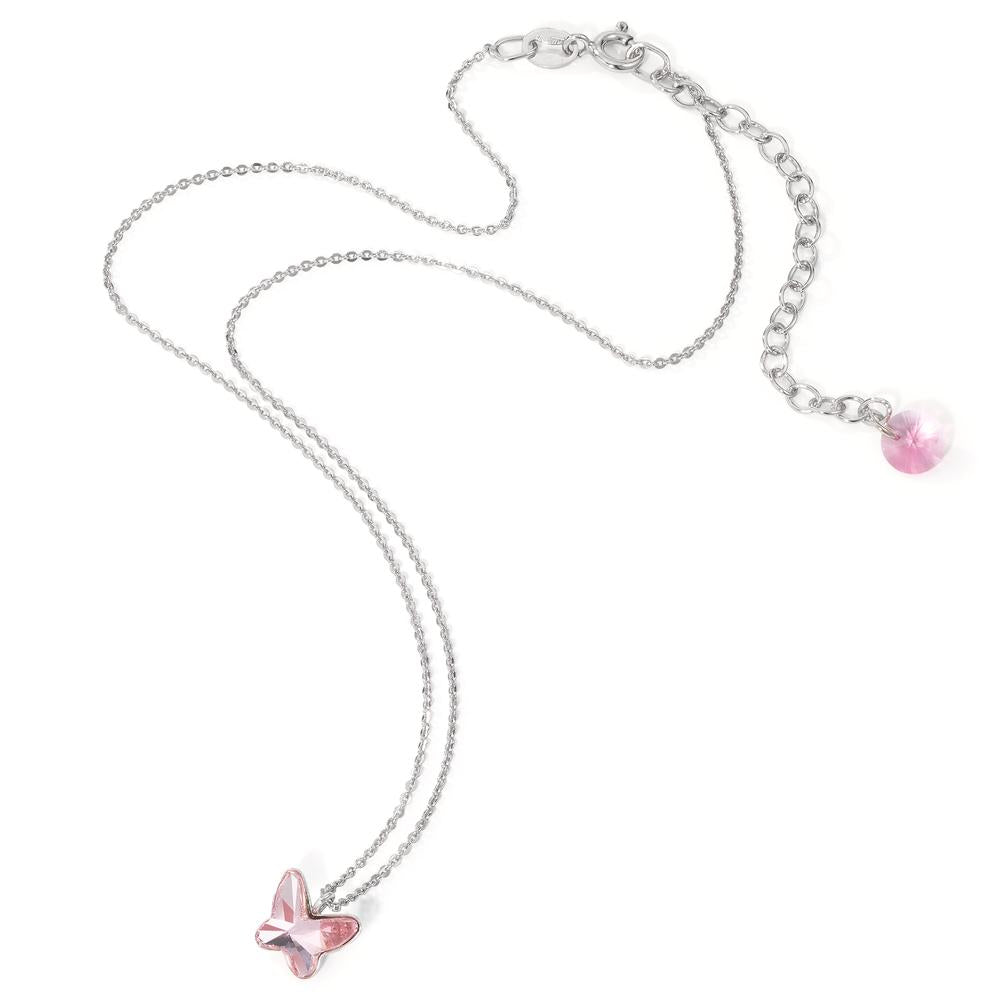 Collier Argent Zircone rose, 2 Pierres Rhodié Papillon 32-38 cm