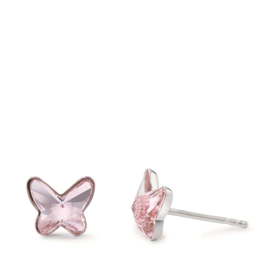 Clous d'oreilles Argent Zircone rose, 2 Pierres Rhodié Papillon Ø8 mm