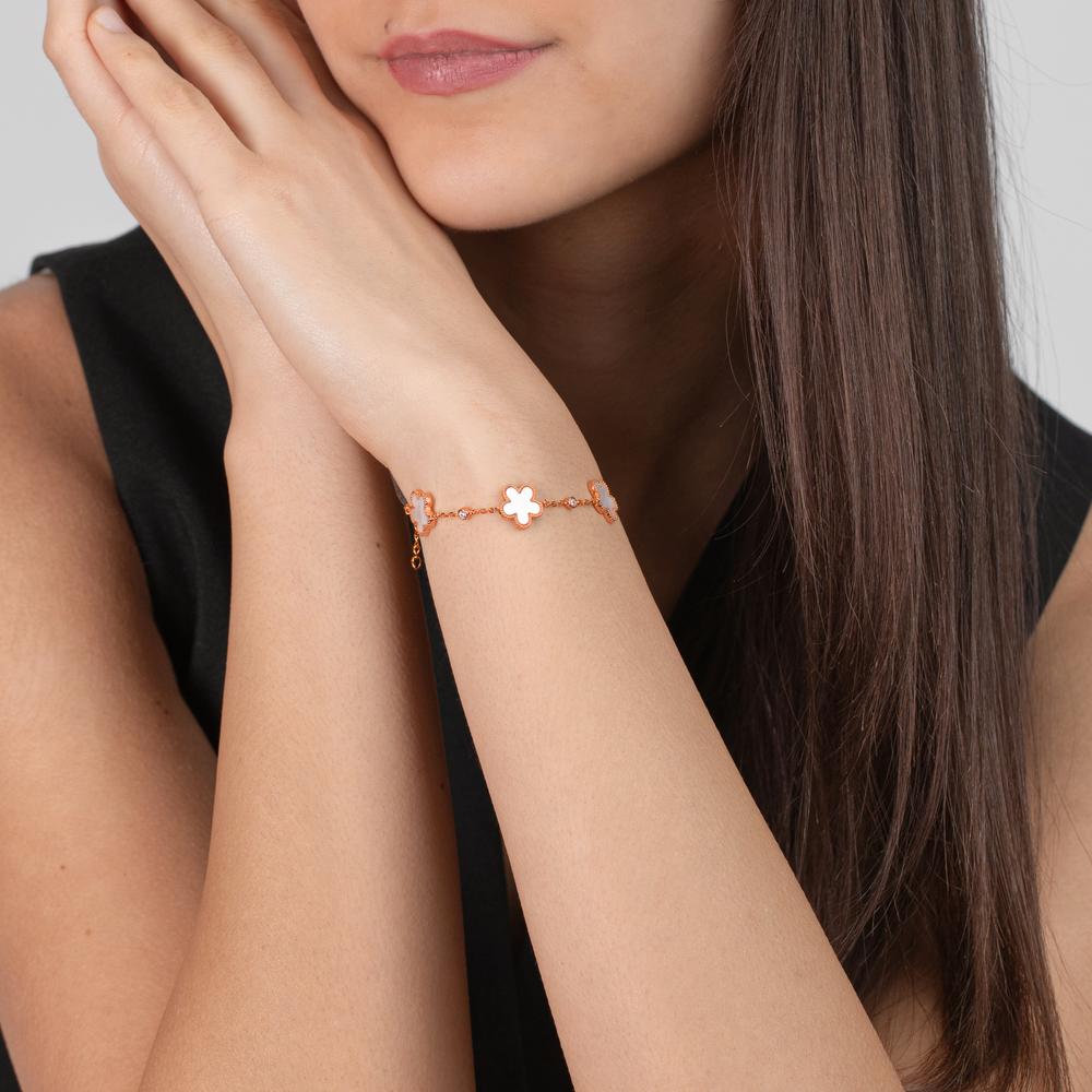 Armband Silber Zirkonia 3 Steine rosé vergoldet Perlmutt Blume verstellbar