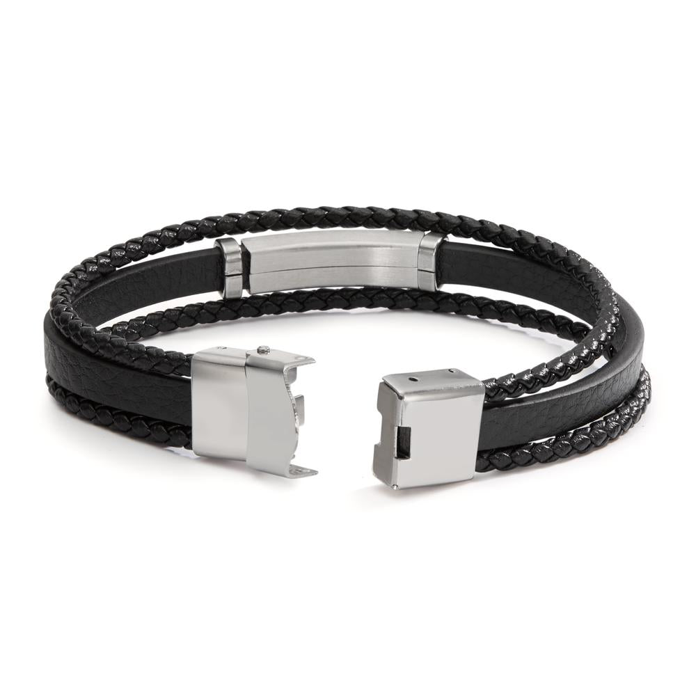 Bracelet Acier inoxydable, Cuir Zircone 2 Pierres 21 cm