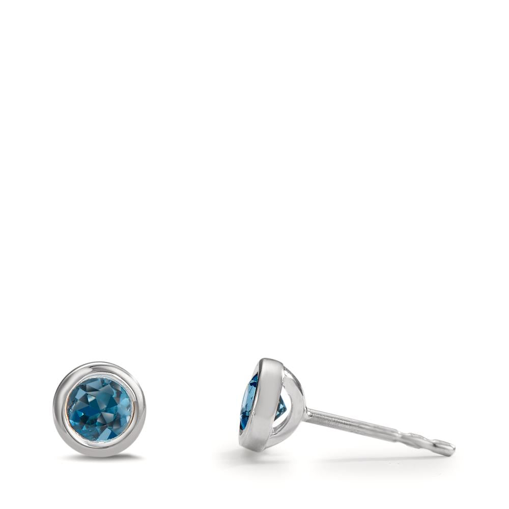 Clous d'oreilles Or blanc 18K Topaze London Blue 2 Pierres Ø4.5 mm