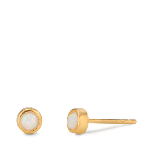 Clous d'oreilles Argent [synth. Opal] blanc, 2 Pierres jaune Plaqué or Ø4.5 mm