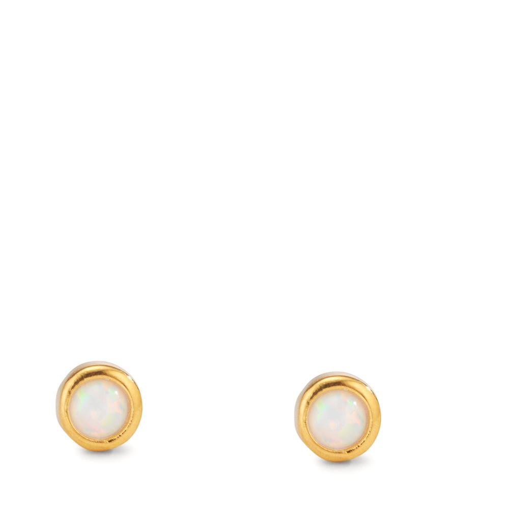 Clous d'oreilles Argent [synth. Opal] blanc, 2 Pierres jaune Plaqué or Ø4.5 mm