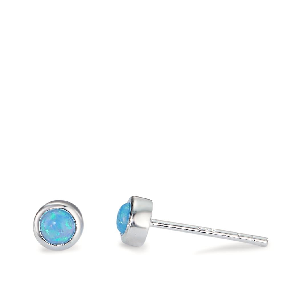 Clous d'oreilles Argent [synth. Opal] bleu, 2 Pierres Ø4.5 mm