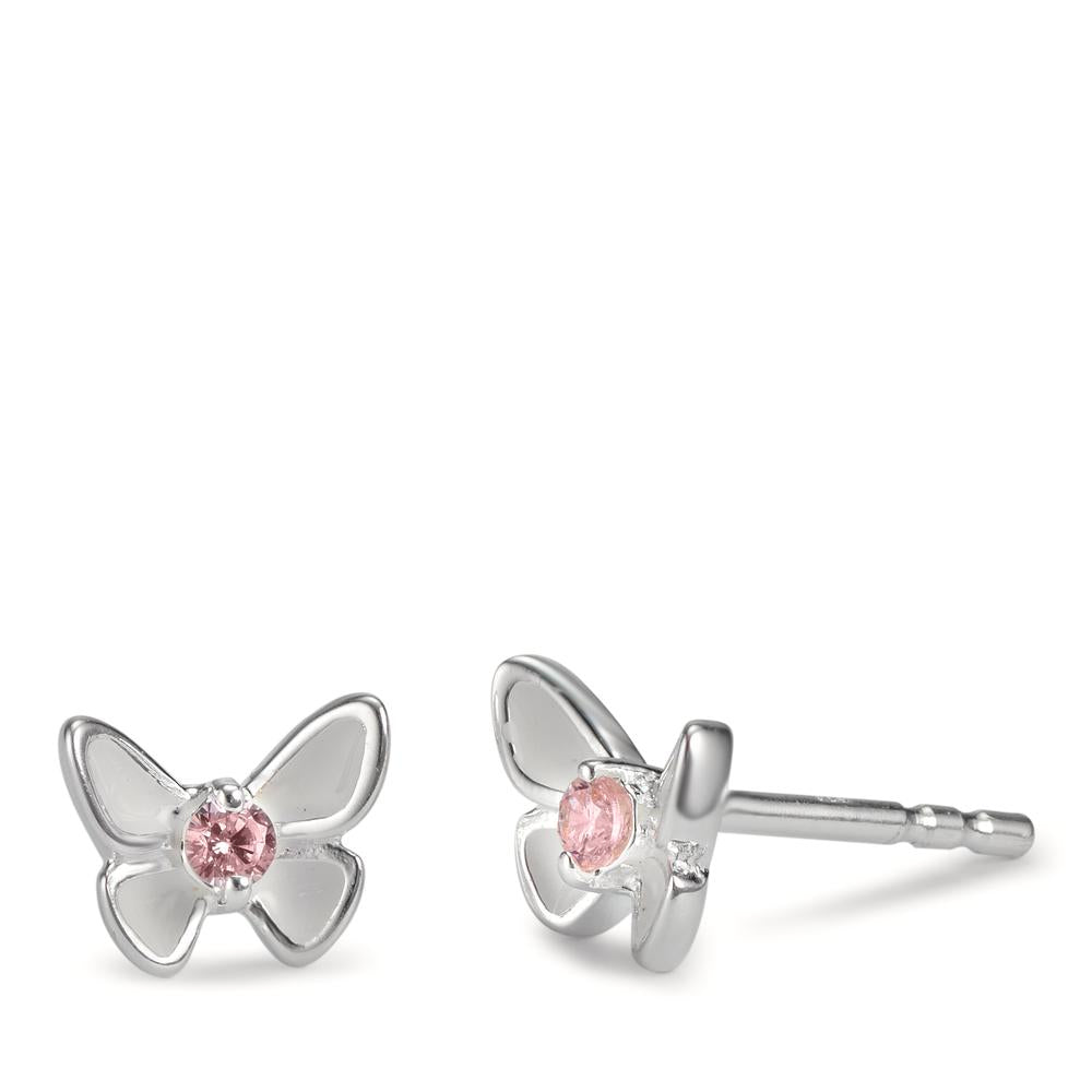 Clous d'oreilles Argent Zircone rose, 2 Pierres Émaillé Papillon Ø7 mm