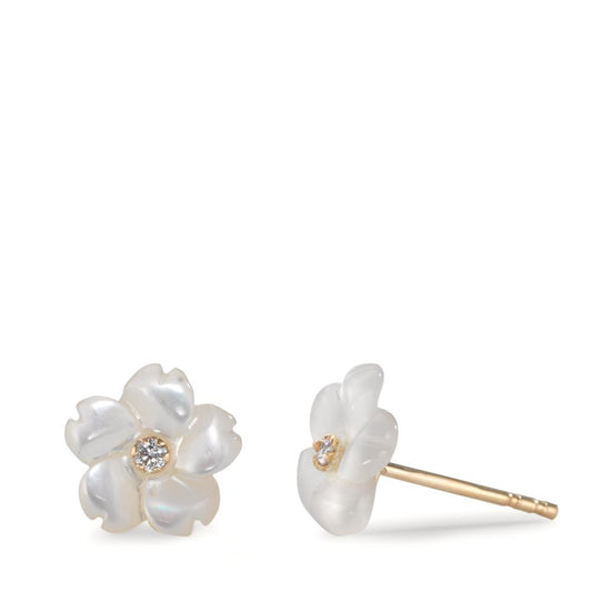 Clous d'oreilles Or jaune 9K Zircone 2 Pierres nacre Fleur Ø8 mm