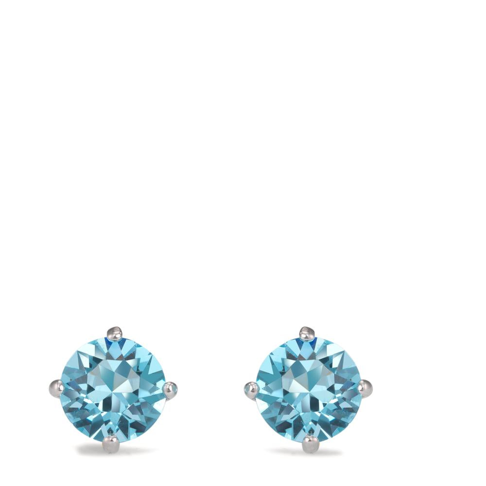 Clous d'oreilles Argent Zircone aqua, 2 Pierres Rhodié Ø8 mm