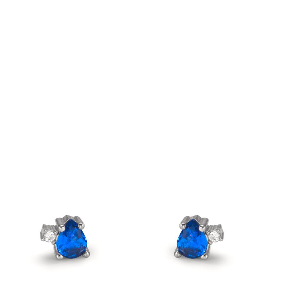 Clous d'oreilles Argent Zircone bleu saphir, 4 Pierres Rhodié Ø4 mm