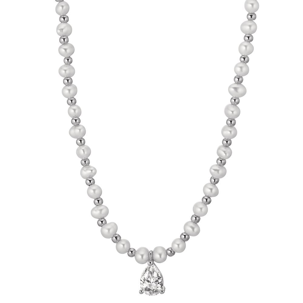 Collier Argent Zircone Rhodié perle d'eau douce 36-41 cm