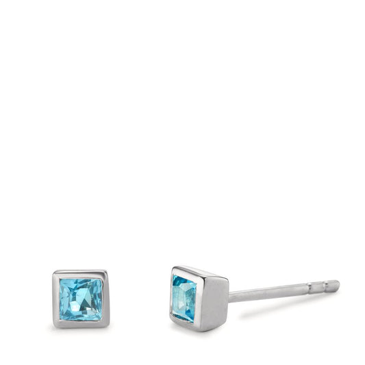 Clous d'oreilles Argent Topaze bleu, 2 Pierres Rhodié Ø4 mm