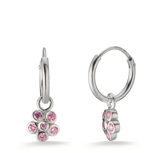 Creolen mit Einhänger Silber Zirkonia rosa, 12 Steine rhodiniert Blume Ø6 mm