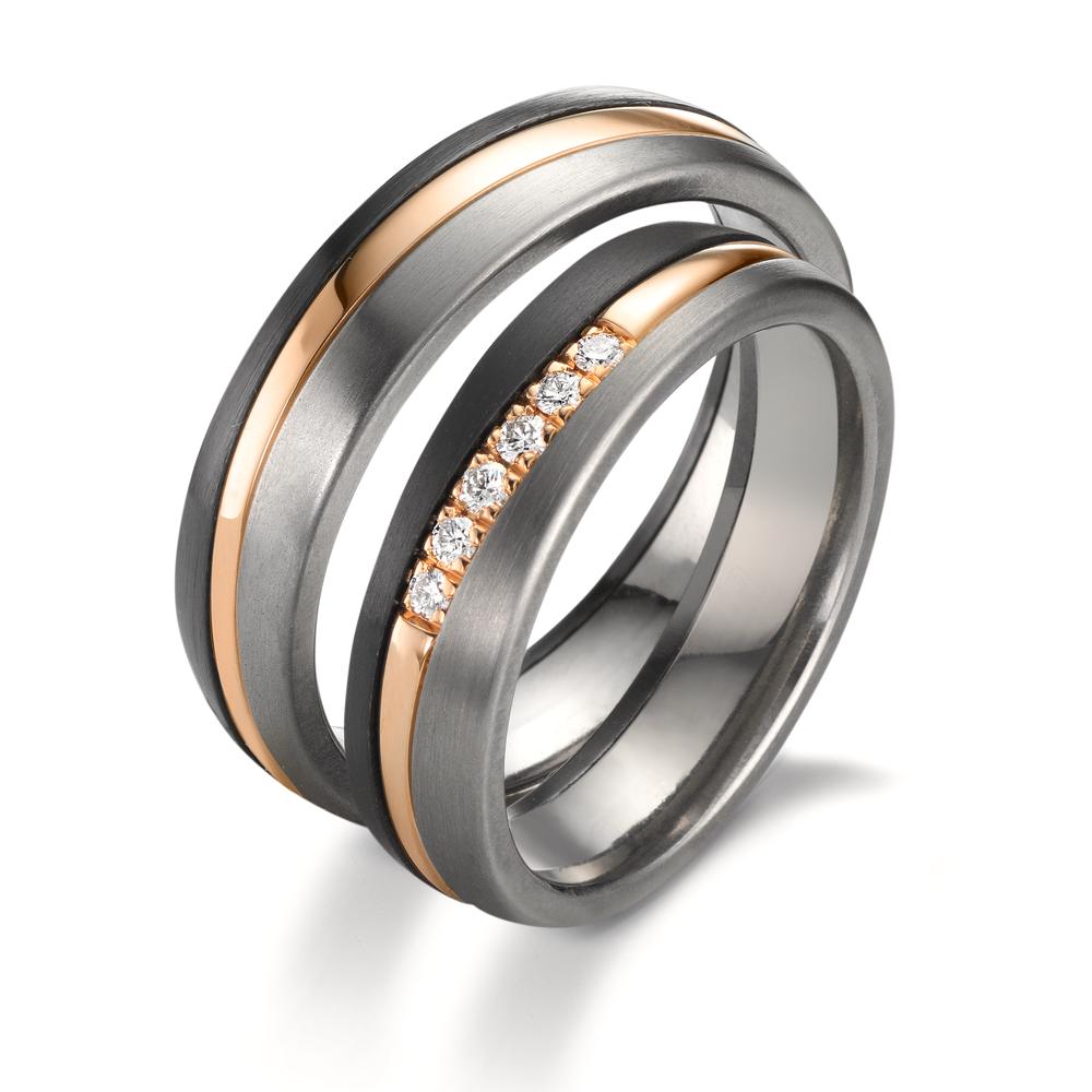 Partnerring Zirkonium, 585/14 K Rosegold, Titan Diamant 0.10 ct, 6 Steine, w-si