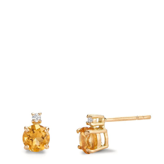 Clous d'oreilles Or jaune 18K Citrine 1 ct, 2 Pierres, Diamant 0.032 ct, 2 Pierres, w-si