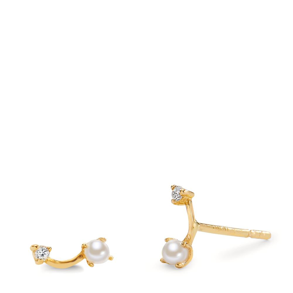 Clous d'oreilles Or jaune 18K Diamant 0.02 ct, 2 Pierres, w-si perle d'eau douce