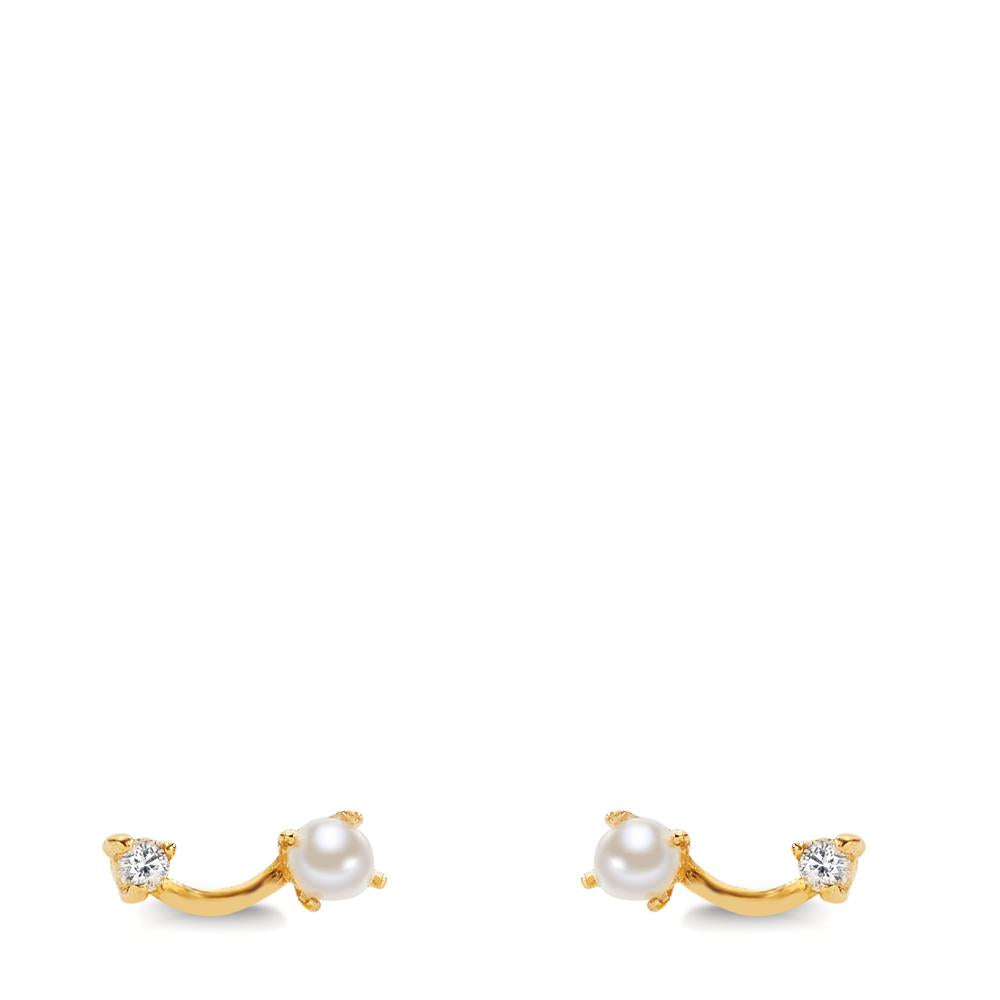 Clous d'oreilles Or jaune 18K Diamant 0.02 ct, 2 Pierres, w-si perle d'eau douce