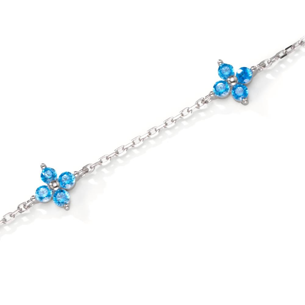 Bracelet Argent Zircone bleu, 12 Pierres Rhodié Fleur 17-20 cm