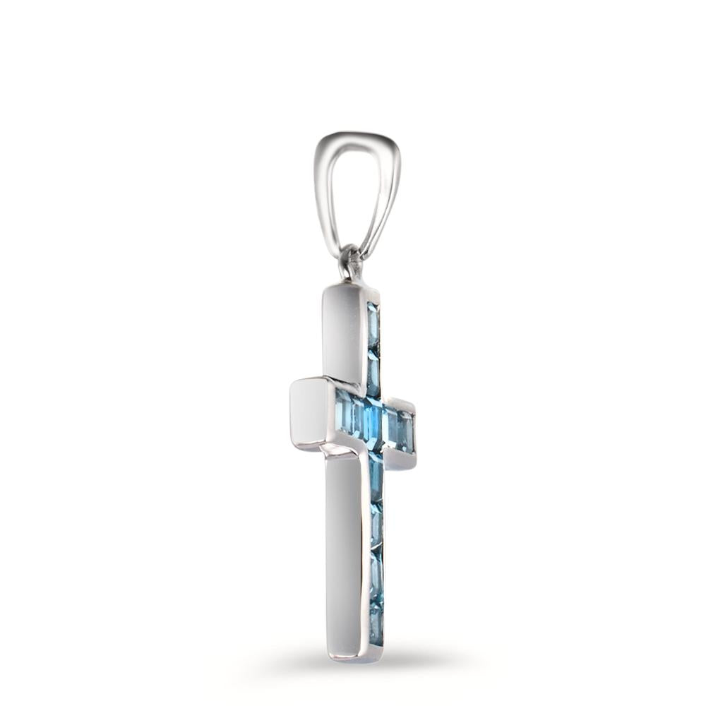 Pendentif Or blanc 9K Topaze London Blue 11 Pierres Croix