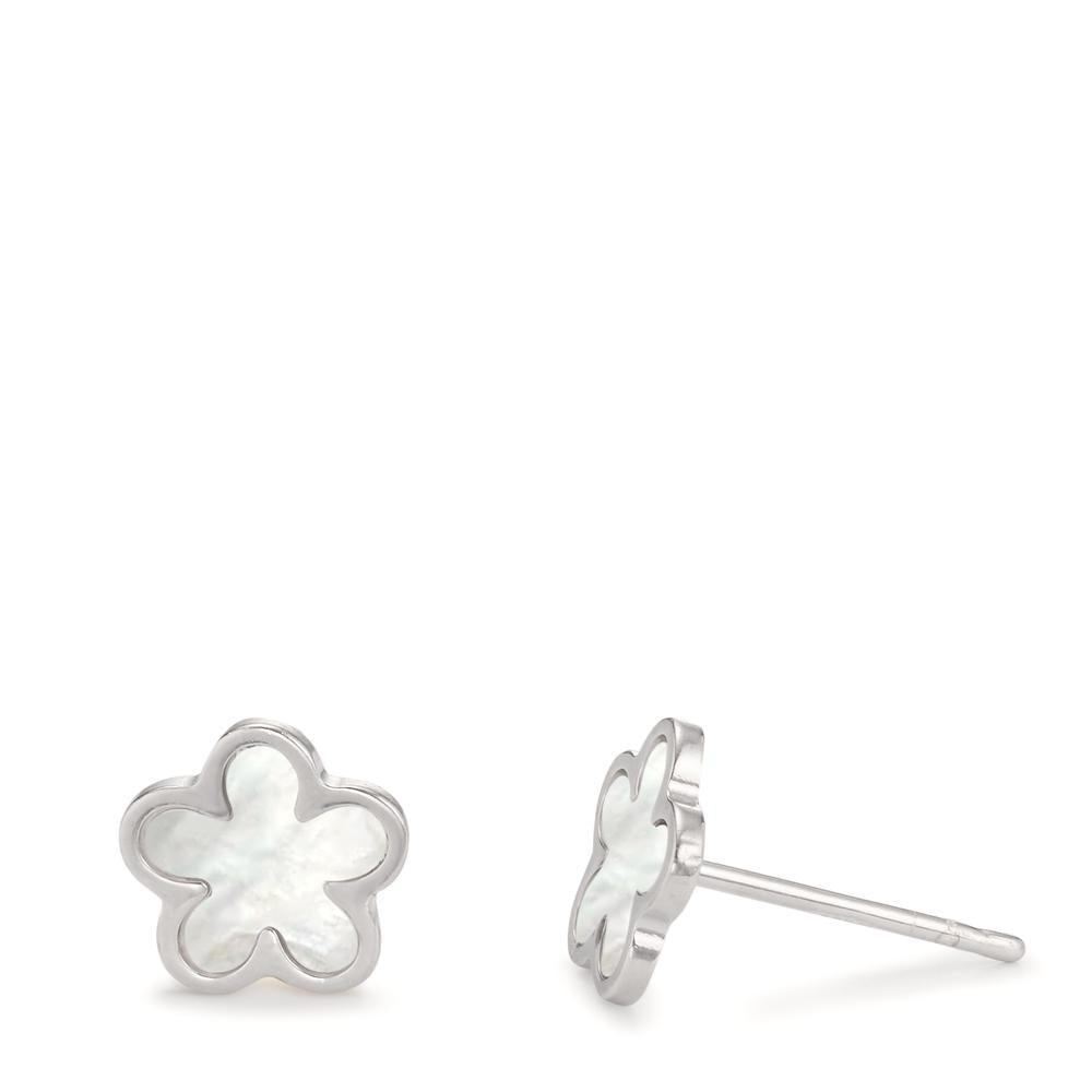 Clous d'oreilles Argent Rhodié nacre Fleur Ø8 mm