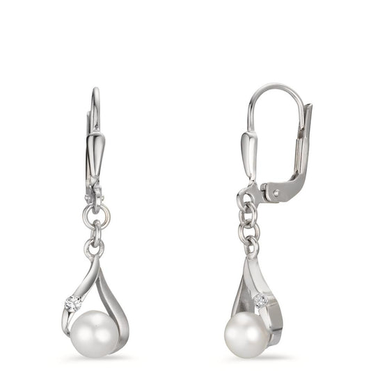 Pendant d'oreilles Or blanc 9K Zircone 2 Pierres perle d'eau douce