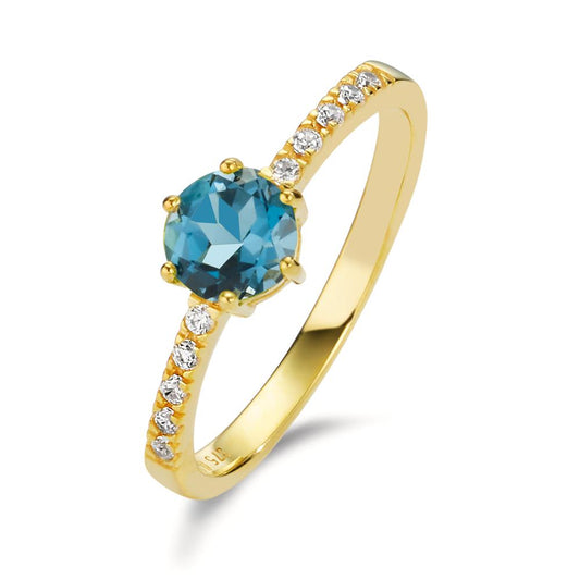 Bague Or jaune 9K Topaze London Blue, Zircone 10 Pierres