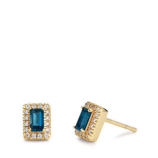 Clous d'oreilles Or jaune 9K Topaze London Blue 2 Pierres, Zircone 32 Pierres