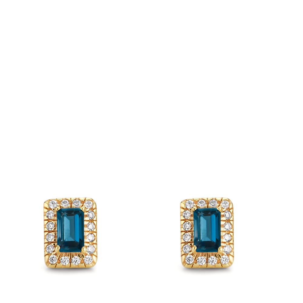 Clous d'oreilles Or jaune 9K Topaze London Blue 2 Pierres, Zircone 32 Pierres