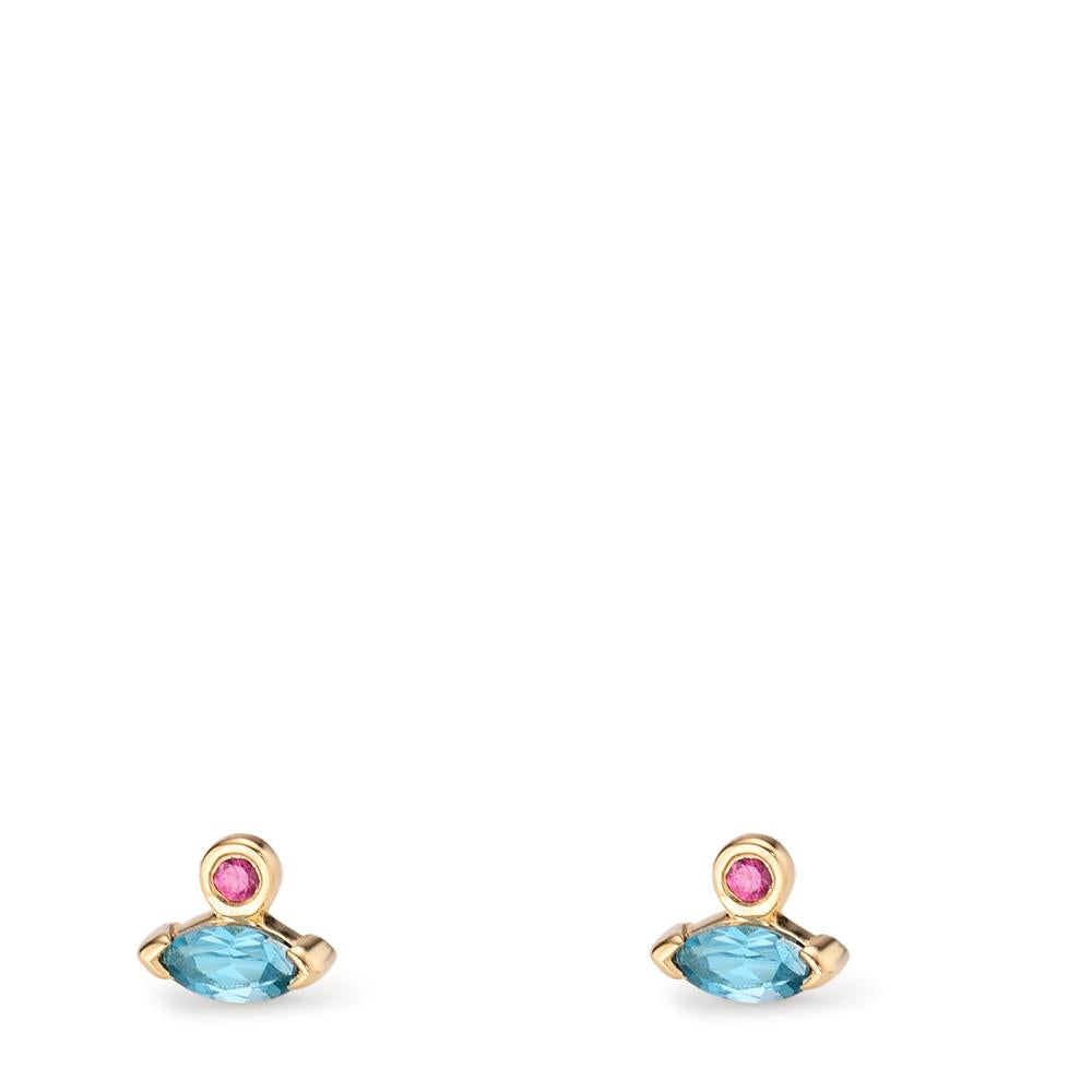 Clous d'oreilles Or jaune 14K Rubis 0.03 ct, 2 Pierres, Topaze London Blue 0.18 ct, 2 Pierres Ø4.5 mm