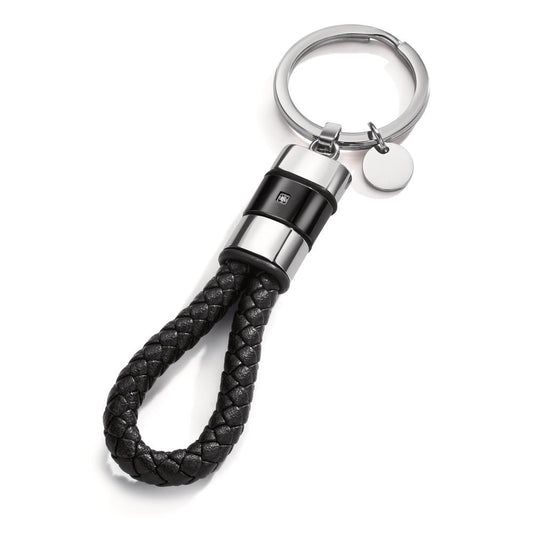 Porte-clés Acier inoxydable, Cuir, Caoutchouc Zircone noir PVD 11 cm Ø30 mm