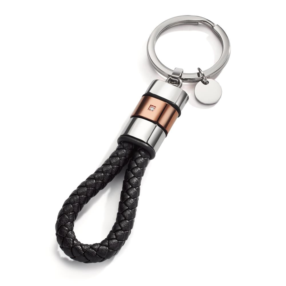 Porte-clés Acier inoxydable, Cuir, Caoutchouc Zircone brun PVD 11 cm Ø30 mm