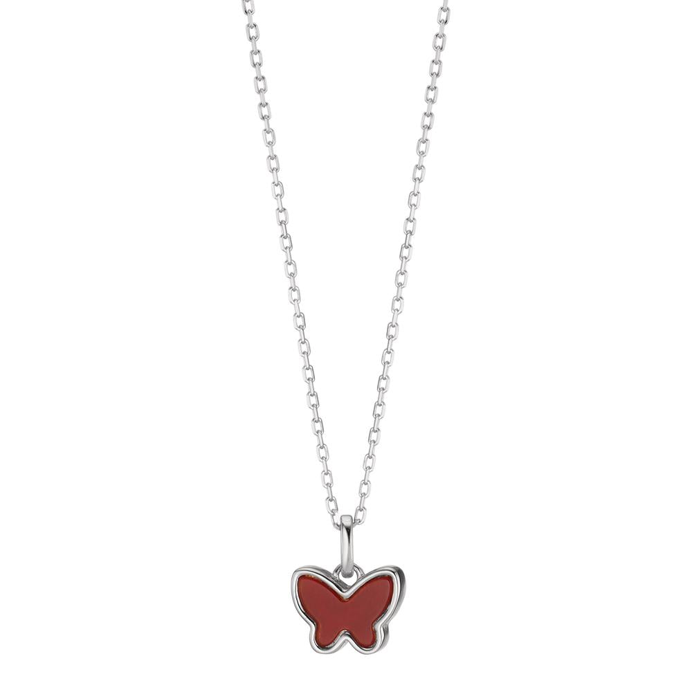 Collier Argent Zircone, [synth. Stein] rouge Rhodié nacre Papillon 40-45 cm