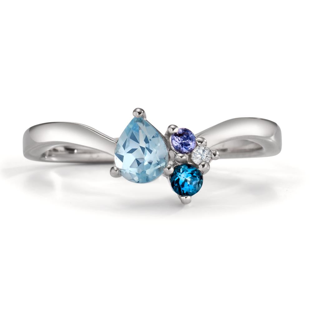 Bague Argent Zircone, Lolite, Topaze London Blue, Topaze bleu Rhodié