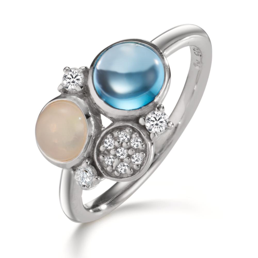 Fingerring Silber Zirkonia, Topas blau, Opal rhodiniert