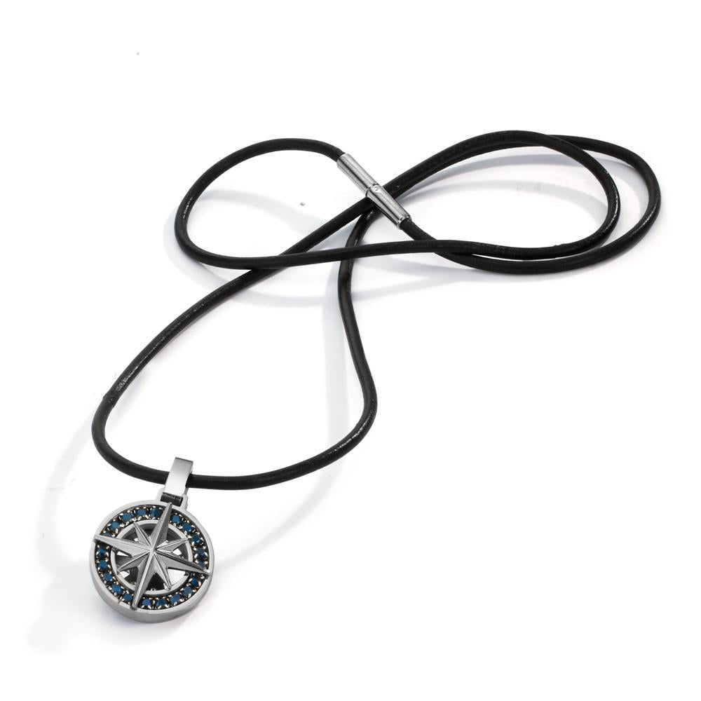 Chaînette avec pendentif Acier inoxydable, Cuir Zircone noir Boussole 50 cm Ø18 mm